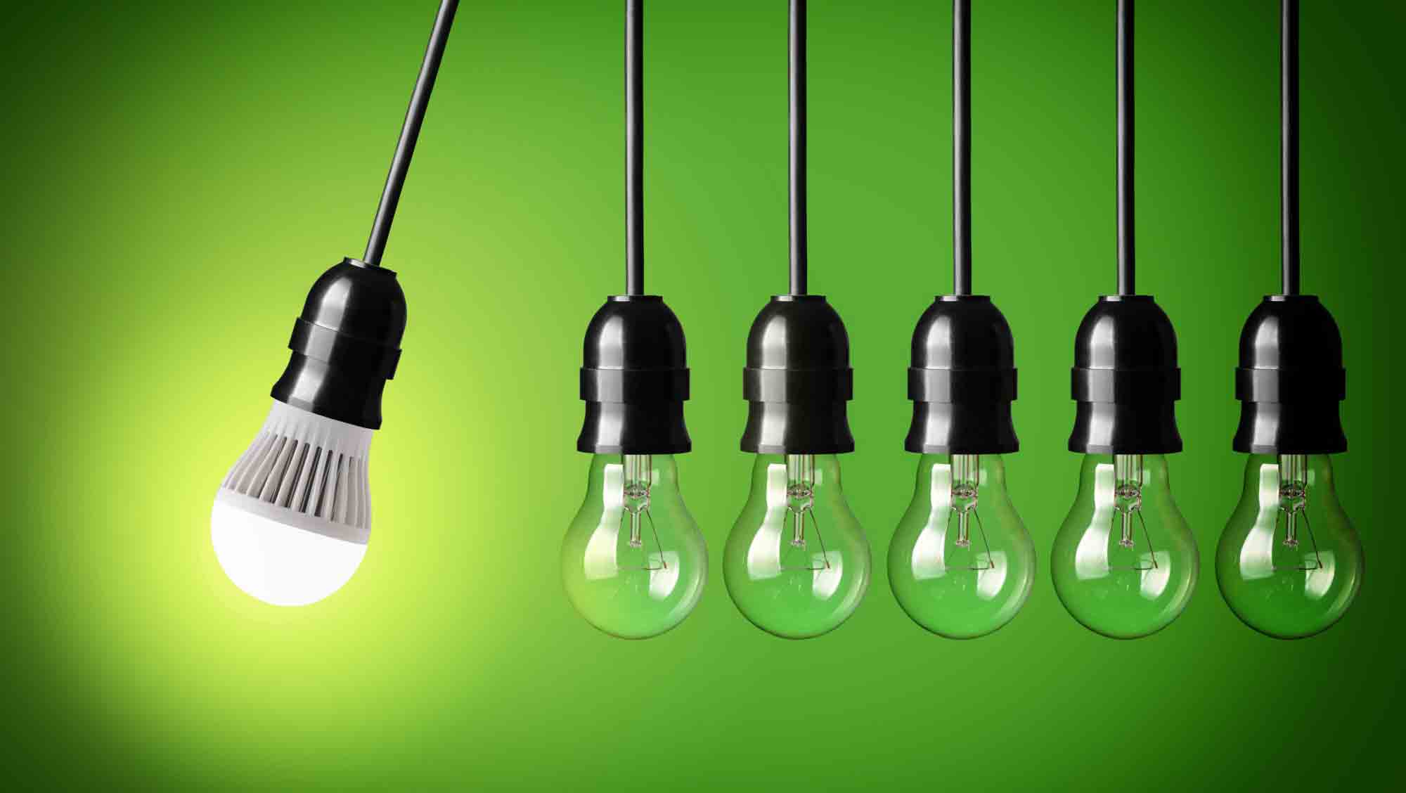 LED and incandescent light bulbs in hanging fixtures, showcasing energy-efficient lighting solutions for businesses.