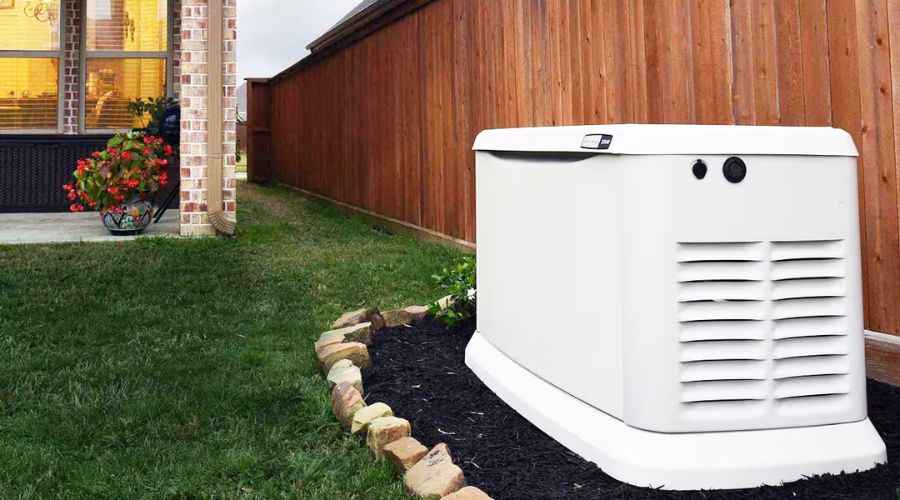 Whole-home generator installation outside a house, providing backup power for electrical safety during outages.