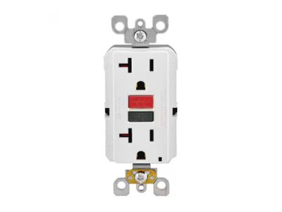 GFCI outlet designed for electrical safety, featuring a reset button and two receptacles, commonly used in areas near water to prevent electrical shock.