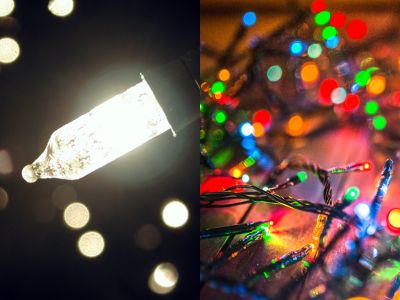 Incandescent bulb glowing brightly on the left, contrasted with colorful LED holiday lights on the right, illustrating the differences between incandescent and LED lighting for holiday decorations.
