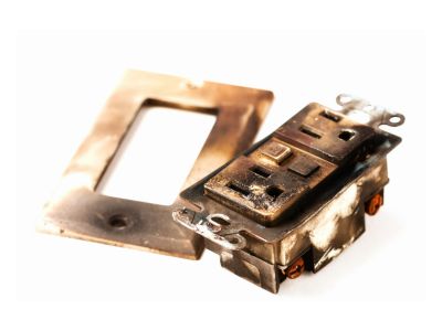 Damaged electrical outlet with burn marks and melted components, illustrating the dangers of faulty wiring and potential fire hazards in homes.