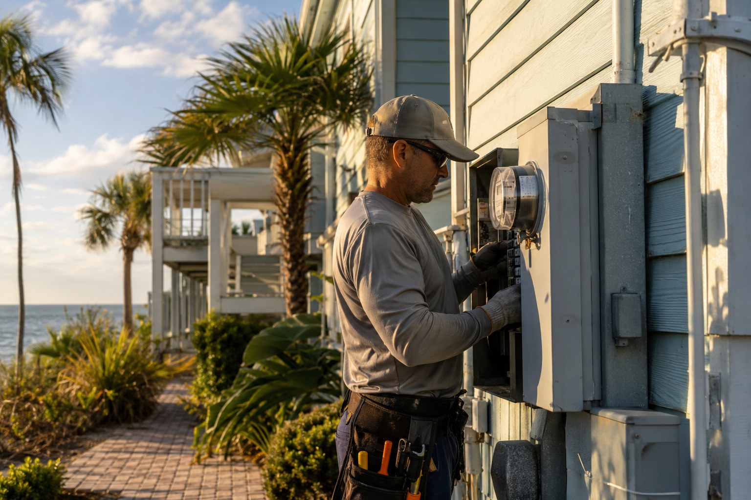 Electrician inspecting an outdoor electrical panel on a coastal Bonita Springs home
