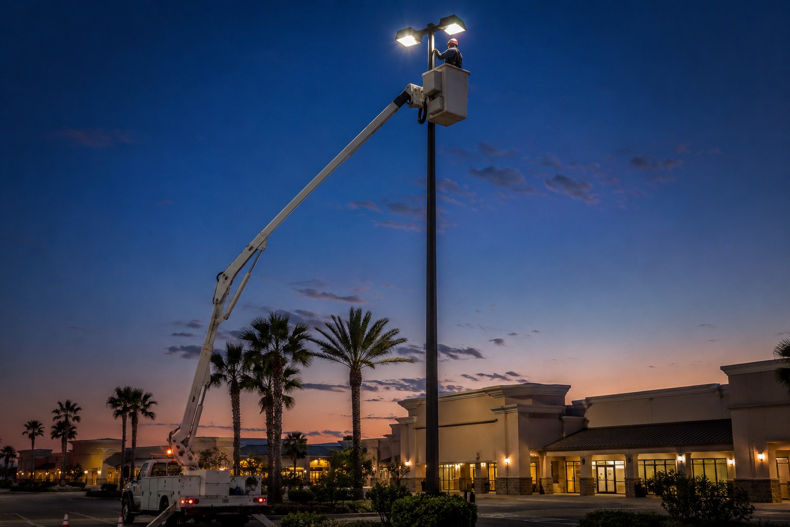 Commercial electrician in a bucket lift repairing parking lot lighting at a Fort Myers retail plaza