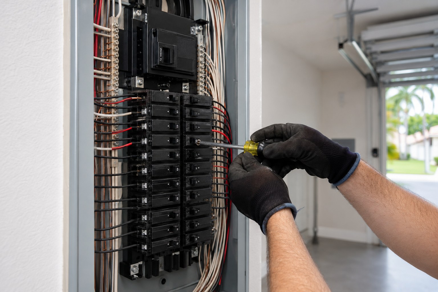 Electrician tightening a breaker in a new labeled electrical panel in a Cape Coral garage