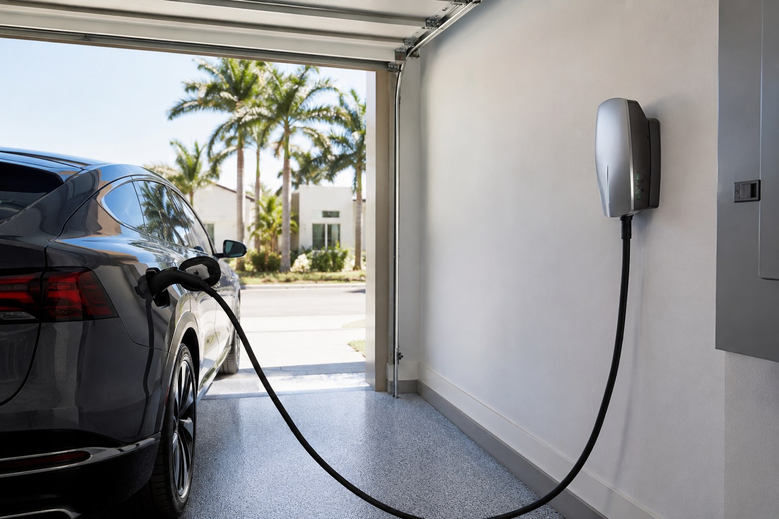 Wall-mounted Level 2 EV charger charging an electric SUV in a Cape Coral garage