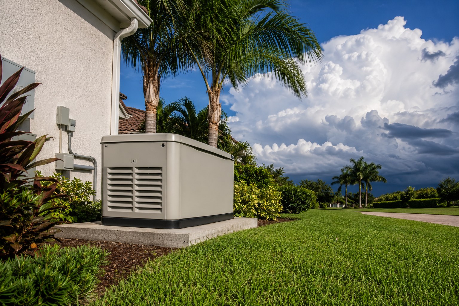 Whole-home standby generator on a concrete pad beside a Fort Myers home